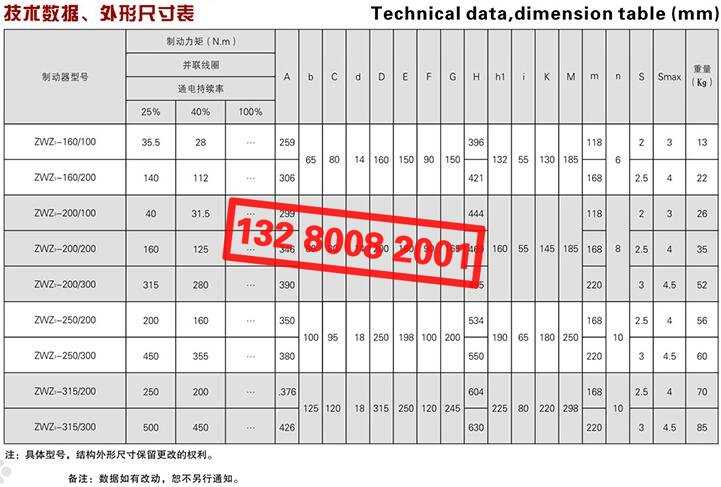 ZWZ3系列直流電磁鼓式制動(dòng)器技術(shù)數(shù)據(jù)、外形尺寸表